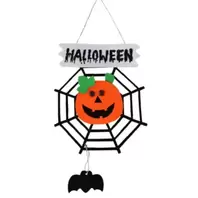 Halloween Wall Decoration With Spooky Black Bat And Orange Pumpkin Face In Spider Web