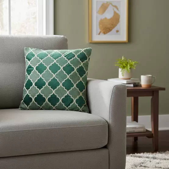 Amber Embroidered Cushion Cover, Dark Green - 45x45cm