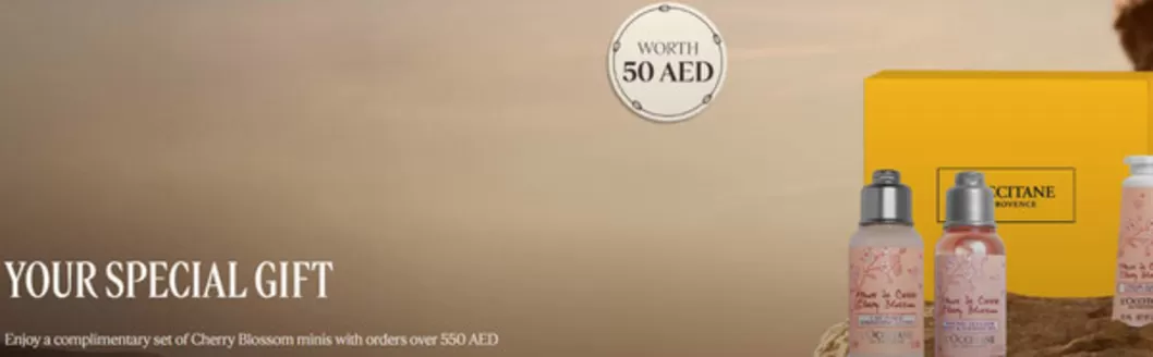 L'Occitane catalogue | Your Special Gift Enjoy A Complimentary Set Of Cherry Blossom Minis With Orders Over 550 AED | 2026-05-22T00:00:00.000Z - 2026-05-27T00:00:00.000Z
