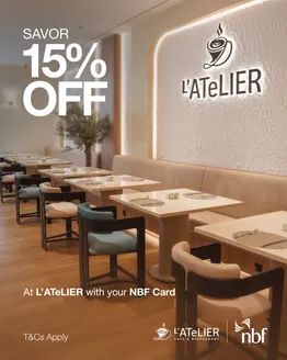 National Bank of Fujairah catalogue |  15% Off at L’ATeLIER Café & Restaurant with your NBF Card! | 2025-09-26T00:00:00.000Z - 2025-12-31T00:00:00.000Z
