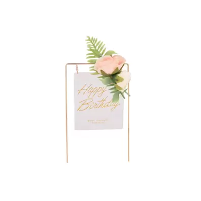 TOPPER DE GÂTEAU HAPPY BIRTHDAY RECTANGUAIRE  AVEC ROSE