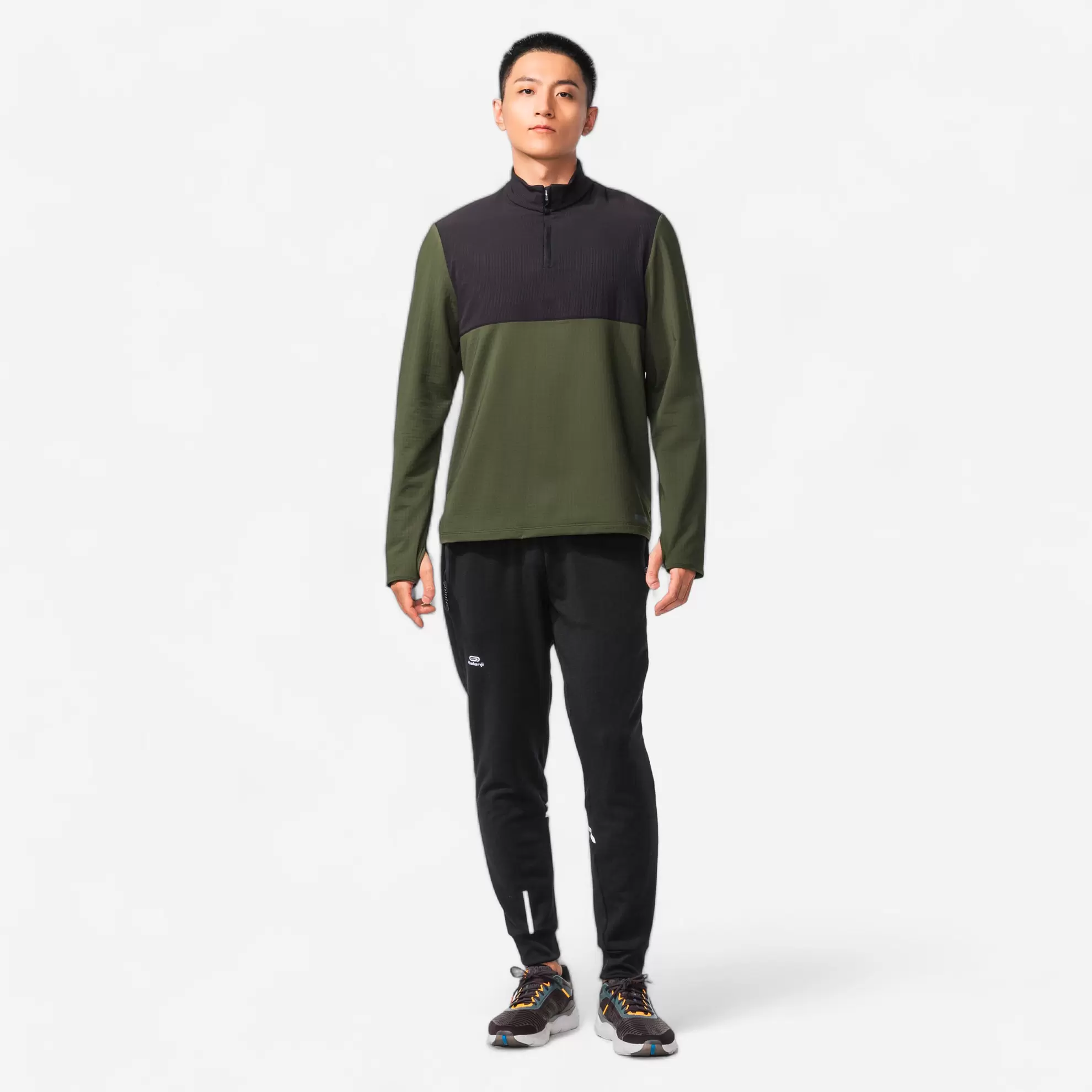 T-shirt zip chaud manches longues de running homme - kiprun run 500 warm kaki