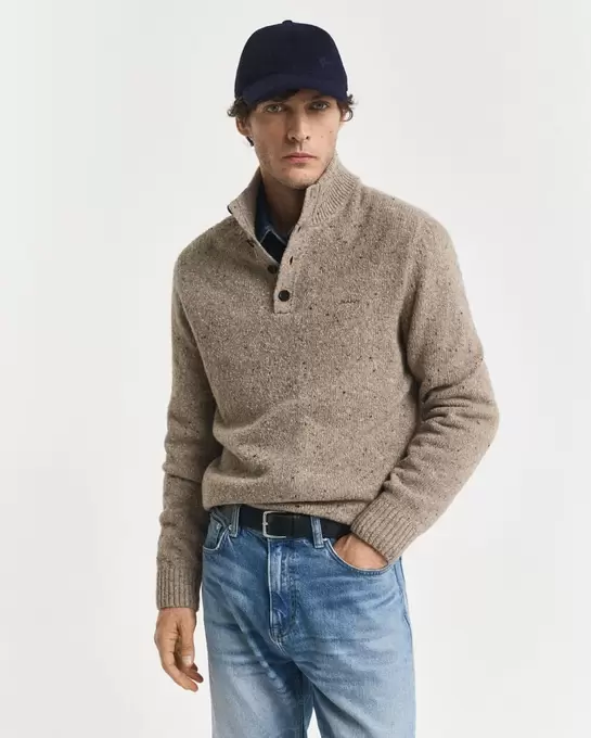Pull semi-boutonné en laine mélangée mouchetée