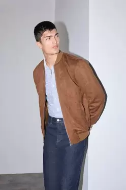 Veste Slim en suède à col collège et fermeture zip
