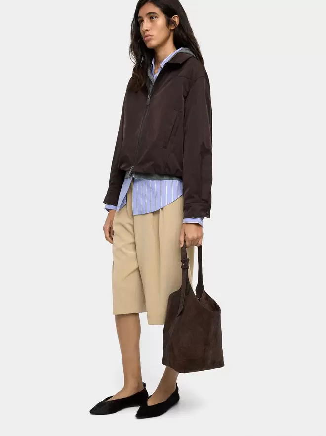 Suede bucket bag with inner pouch