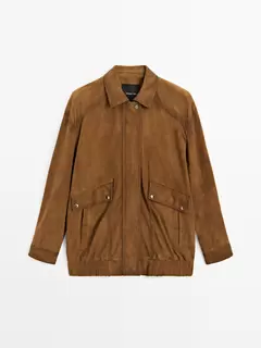 Veste bomber avec poches en cuir finition daim