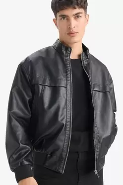 Blouson oversize en simili cuir zippé à col montant