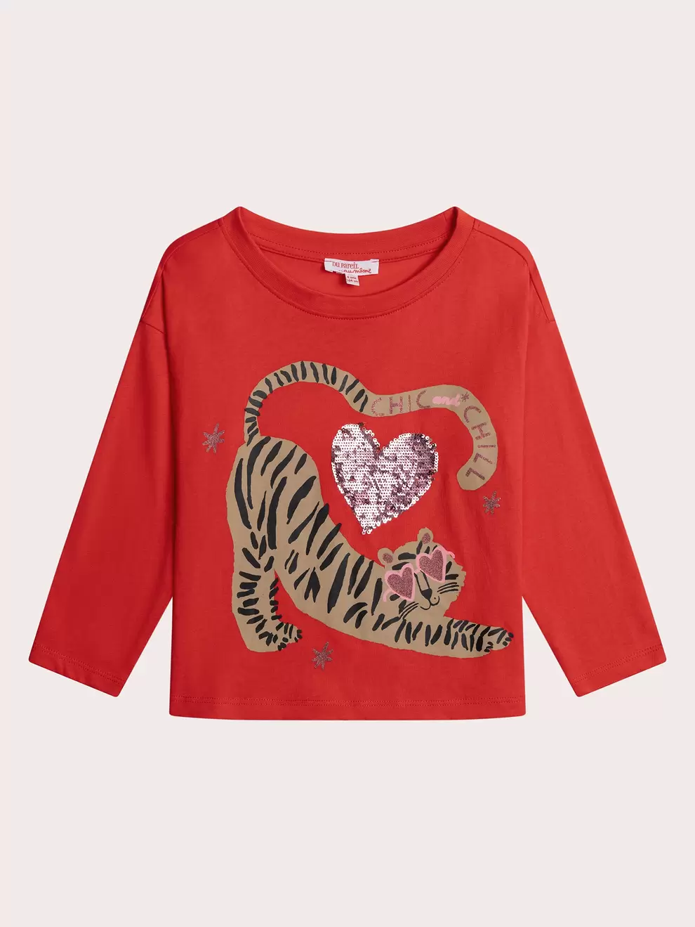 T-shirt manches longues rouge animation tigre et coeur sequins magiques