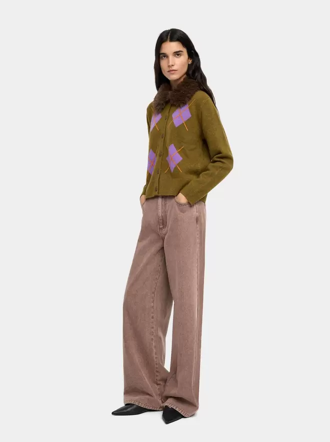 Cardigan en maille imprimé avec col effet fourrure