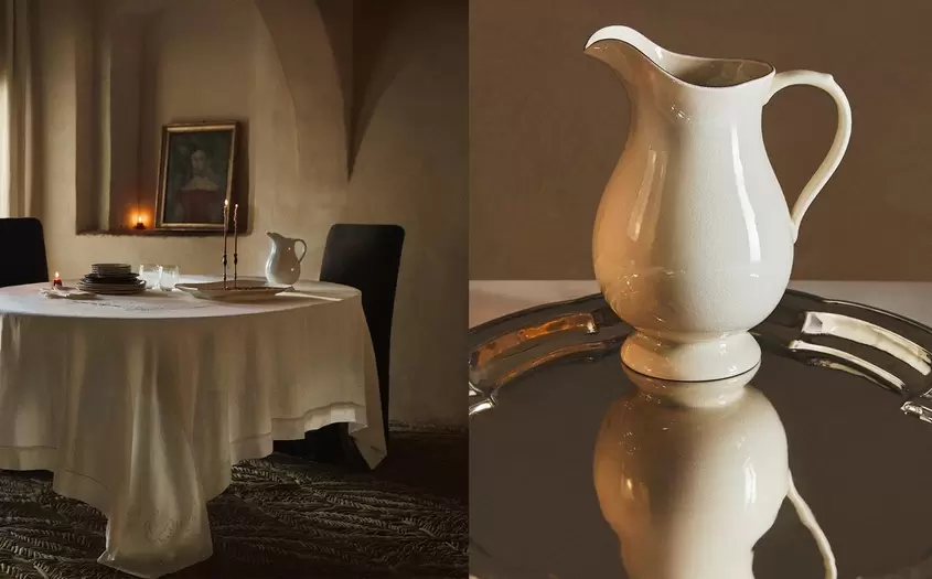 TABLE AVEC VAISSELLE EN GRÈS EN RELIEF ET NAPPE EN LIN FLORAL