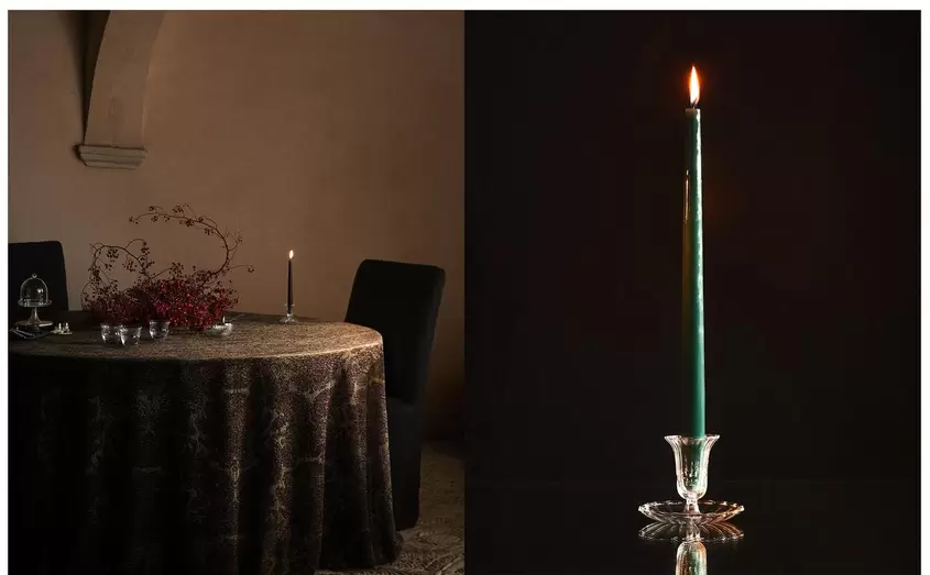 NAPPE JACQUARD ET CHANDELIER VERRE AVEC BOUGIE FINE