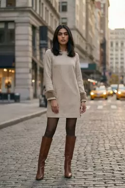 ROBE COURTE AVEC POIGNETS EN FOURRURE ET DÉTAILS BOUTONNÉS