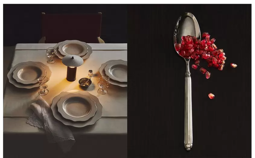 VAISSELLE EN PORCELAINE AVEC FILET ET ENSEMBLE DE COUVERTS EN ACIER