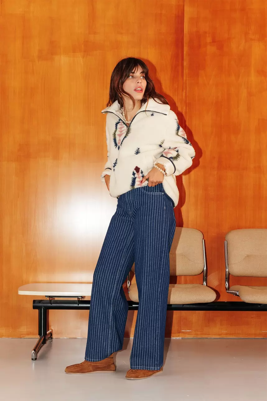 Jean large rayé taille haute