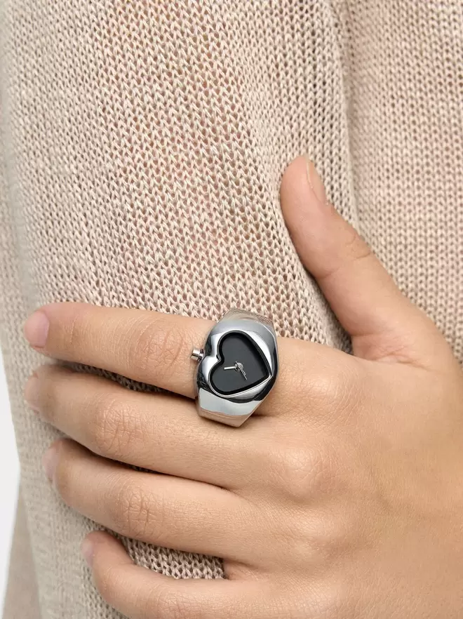 Bague-montre cœur argenté - acier inoxydable