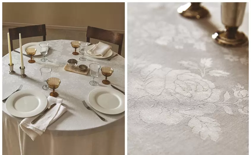 NAPPE JACQUARD ROSES ET VAISSELLE