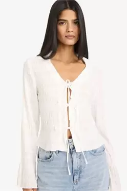 Blouse texturée à col V et manches longues Coupe ajustée