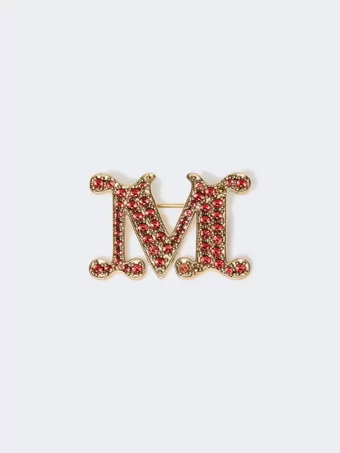 Crystal-adorned Monogram brooch - RED