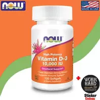 Now Foods Vitamine D3, 10 000 UI, 120 capsules Sans OGM + Sticker Cadeau