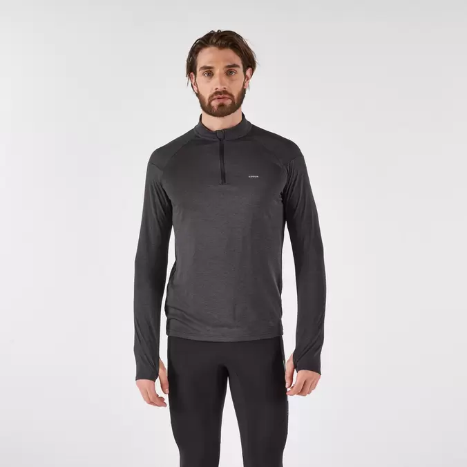T-shirt manches longues demi zip chaud et respirant Homme, Kiprun Run 100 noir