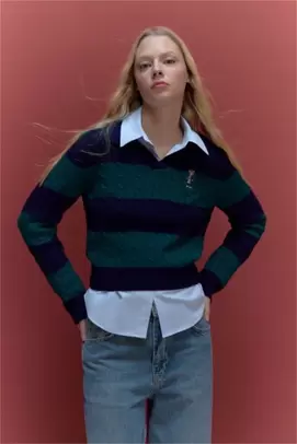 Pull à col polo rayé Coupe régulière