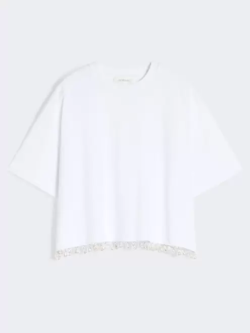 Pearl-embroidered cropped T-shirt - OPTICAL WHITE