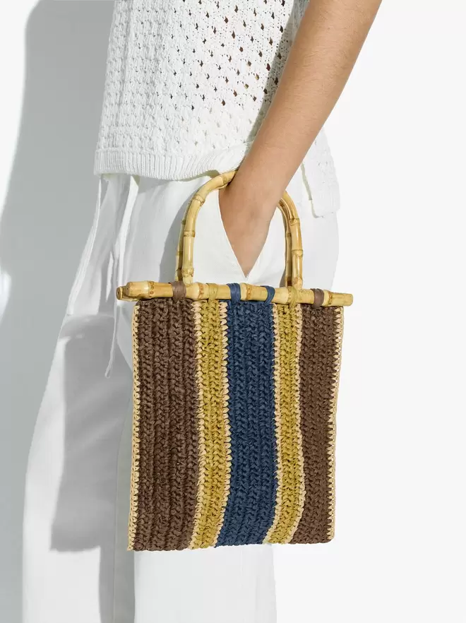 Sac à main à rayures effet paille avec bambou