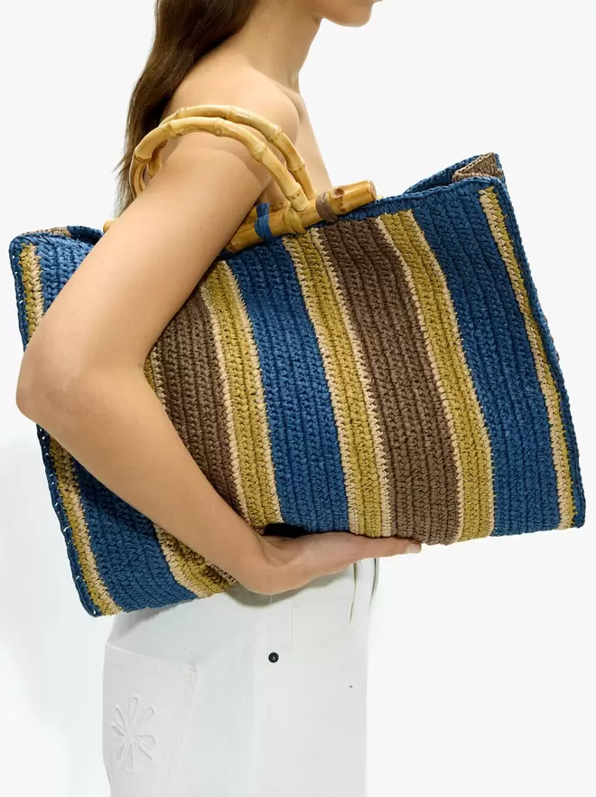 Sac shopper à rayures effet paille avec bambou
