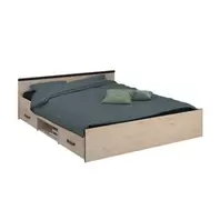 Kitea SET LIT DAILY 2 Tiroirs Et 1 Niche 140x190/200cm Avec Sommier + 2 Chevets - Chêne