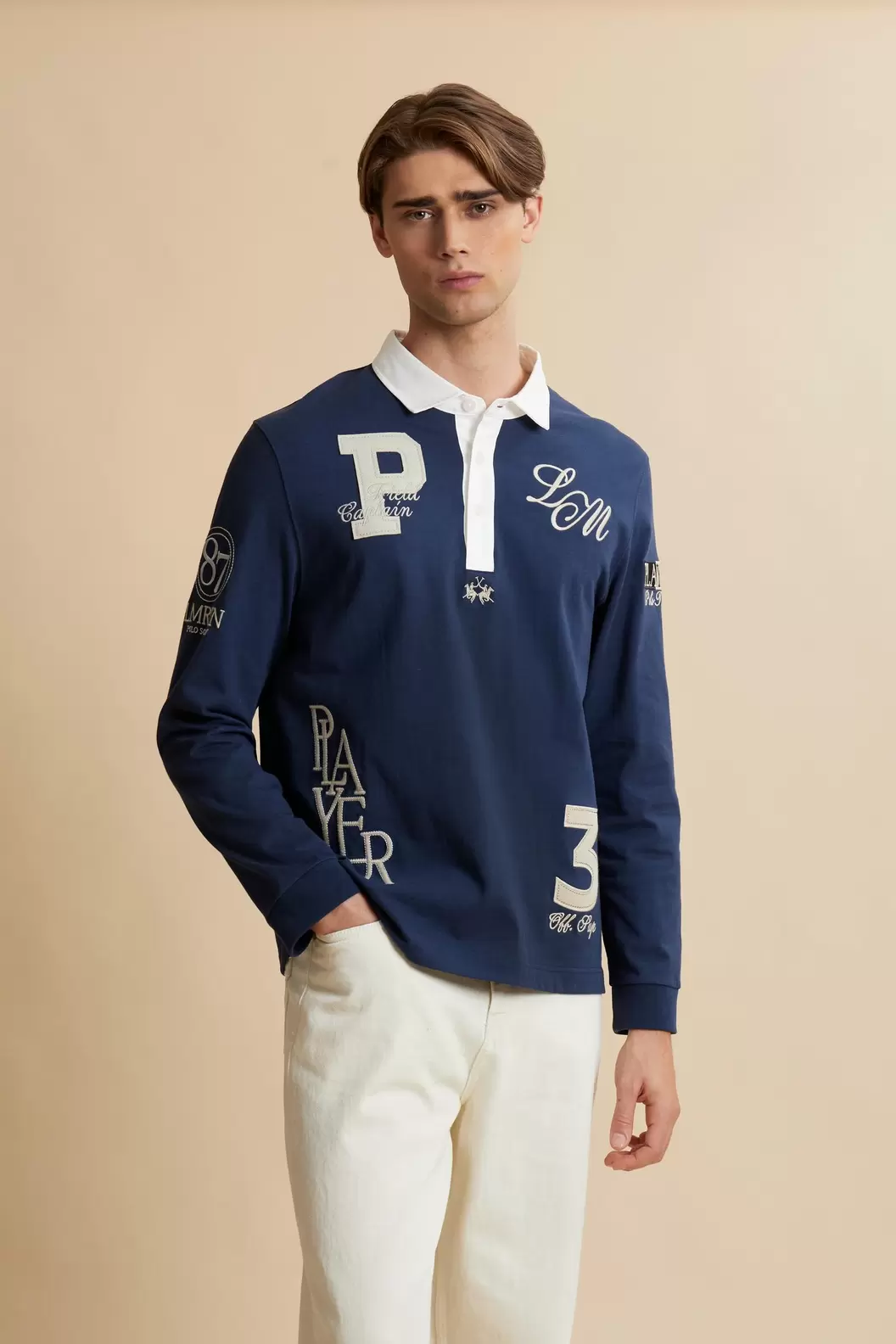 Men’s long-sleeve heavy cotton jersey multi-patch polo - Crispian