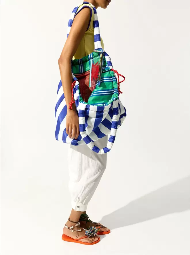 Sac shopper réversible en nylon à rayures