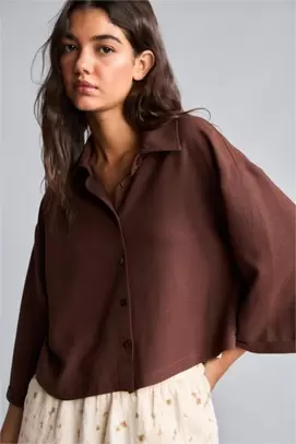 Chemise oversize en lin mélangé marron à manches courtes
