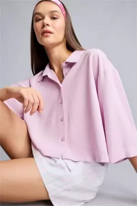 Chemise oversize en lin mélangé lilas à manches courtes
