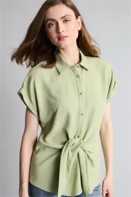 Chemise verte en lin mélangé à manches courtes Coupe régulière