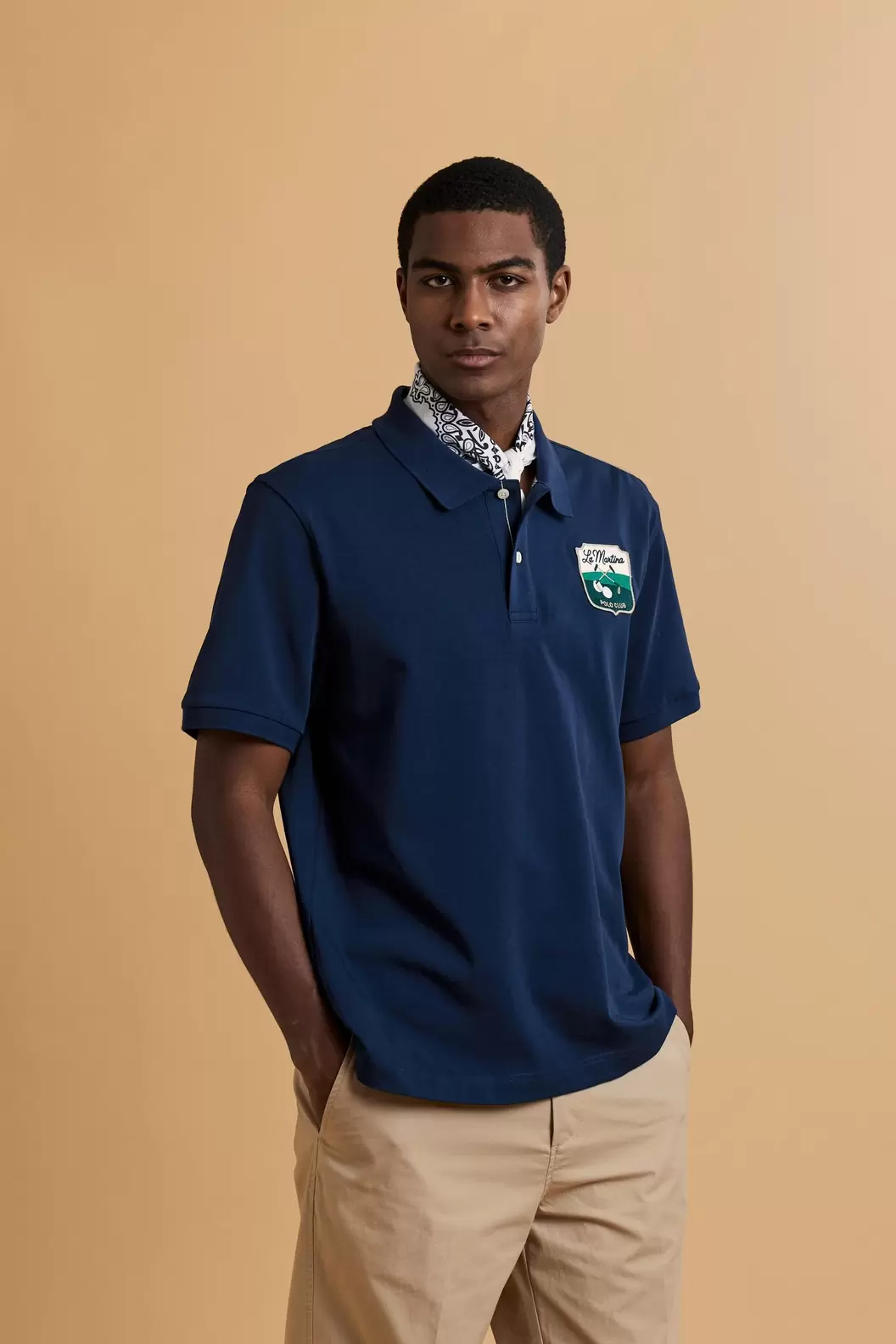 Men’s cotton piqué polo with shield patch – Cordell