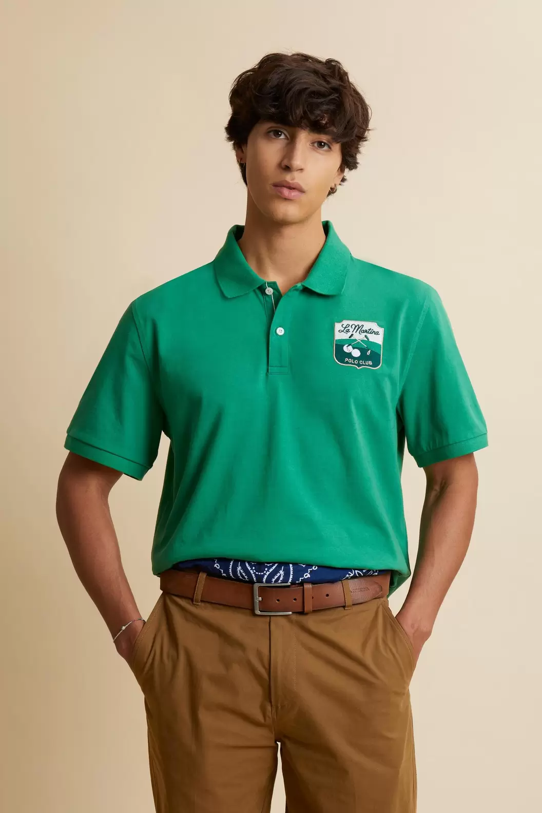 Men’s cotton piqué polo with shield patch – Cordell