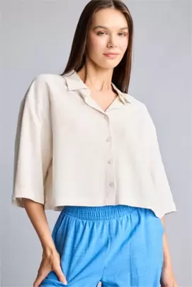 Chemise oversize en lin mélangé écru à manches courtes