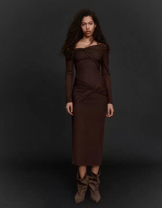 Robe midi manches longues tulle nœuds