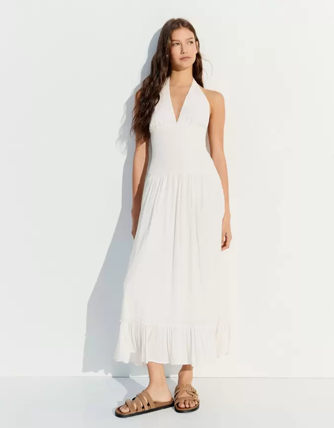 Robe longue encolure américaine fil métallisé