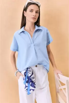 Chemise bleue en voile à manches courtes Coupe régulière