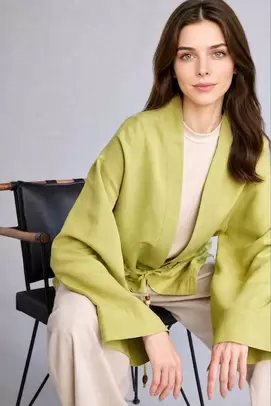Kimono en lin mélangé vert à manches longues Coupe décontractée