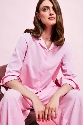 Chemise en lin mélangé rose oversize à manches longues