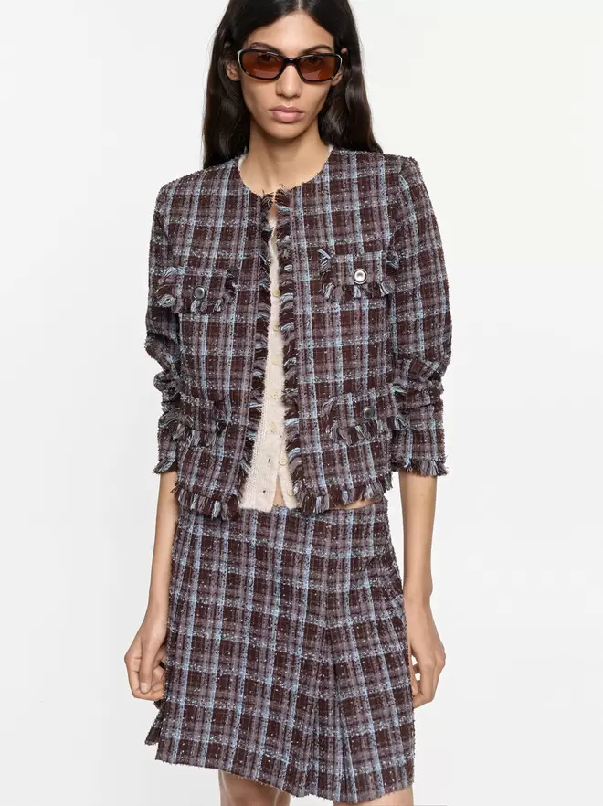 Blazer à carreaux avec franges