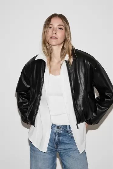 Puff leather effect bomber jacket