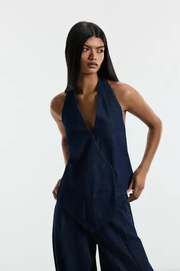 Indigo denim wrap halter top