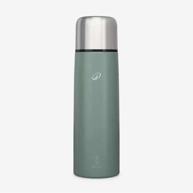 Bouteille isotherme inox 1L avec gobelet pour la randonnée - vert fumé