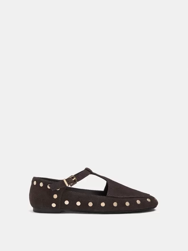 Chaussures plates T-bar en cuir avec clous