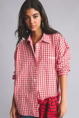 Chemise rouge en coton oversize manches longues à carreaux