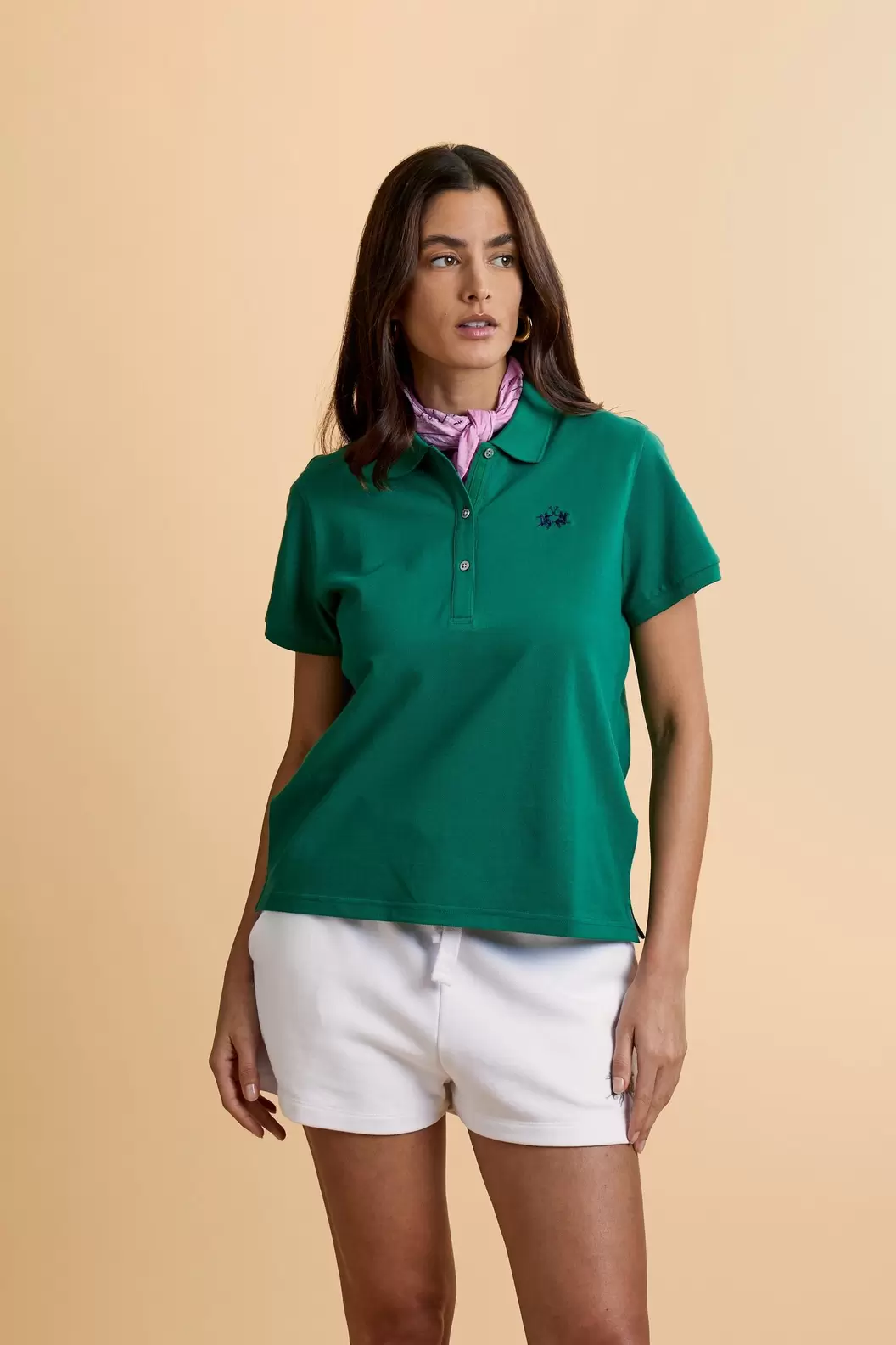 Women’s stretch piqué polo with under-collar lettering - Clarissa