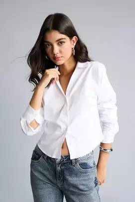 Chemise blanche en bengaline à manches longues Coupe ajustée
